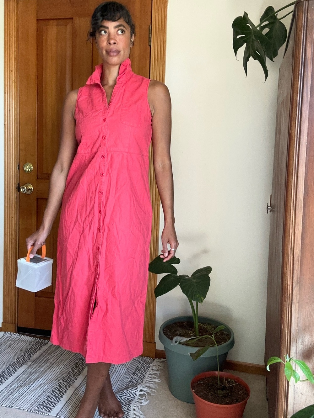 Sleeveless Button-Front Coral Pink Midi Dress